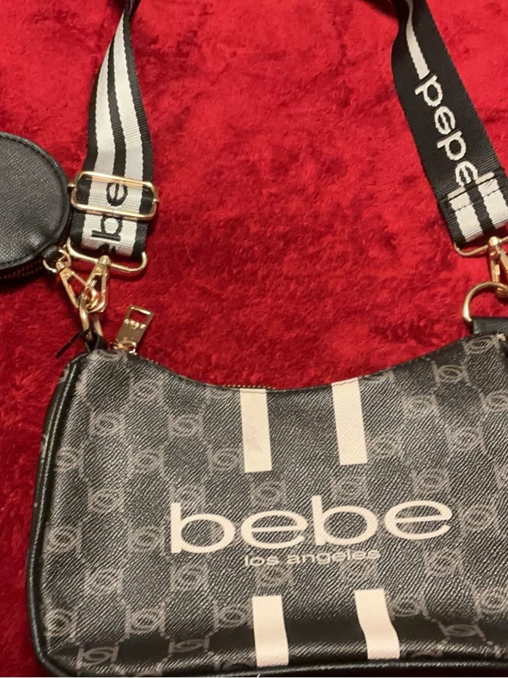 bebe Black and White Logo Crossbody Bag with Signature Strap